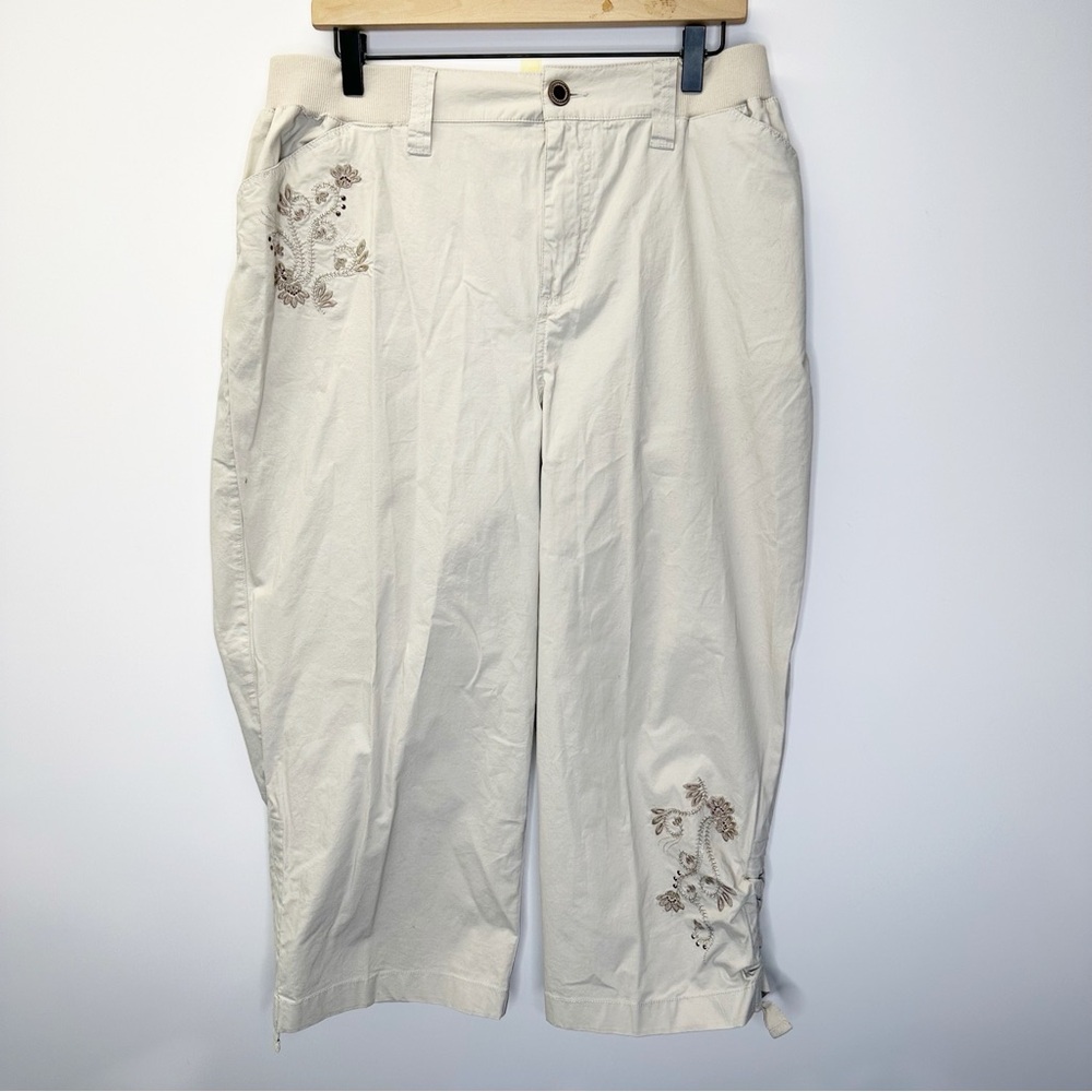 Catherine’s khaki capri pants embroidered floral tie sides elastic waist size 0X